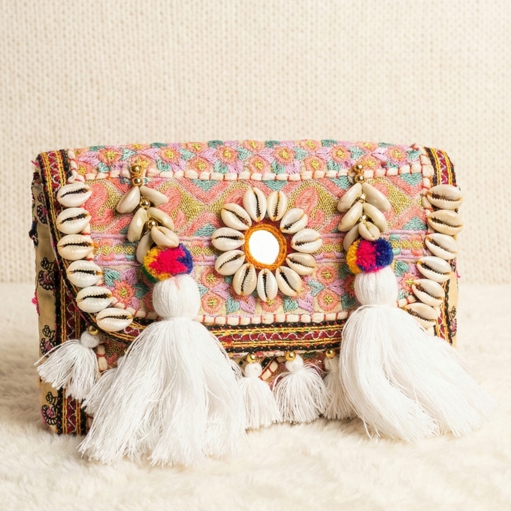 Colorful pastel banjara handbag with decorative elements on a light background