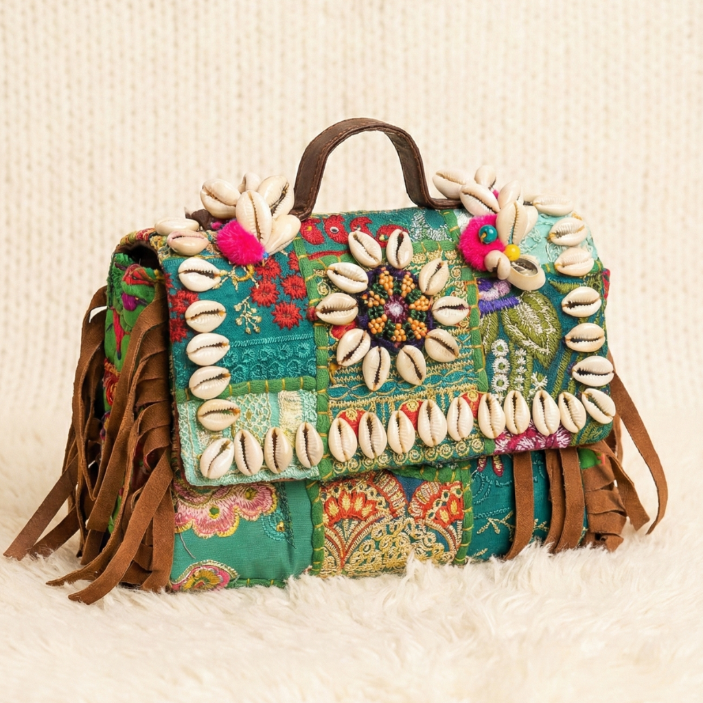 Colorful banjara handbag with shell embellishments on a textured surface