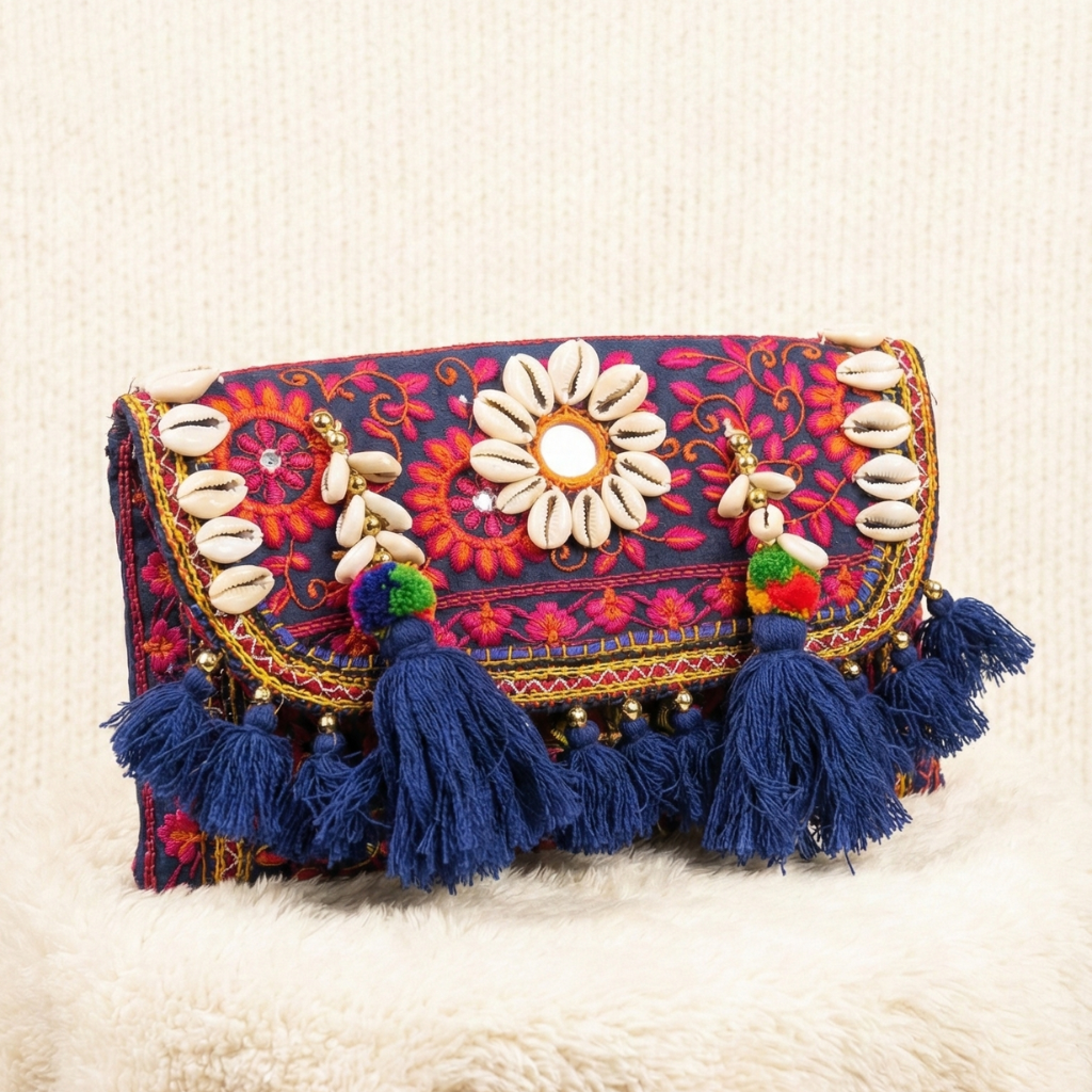 Decorative clutch bag with floral patterns, tassels, and shell embellishments on a textured surface.
