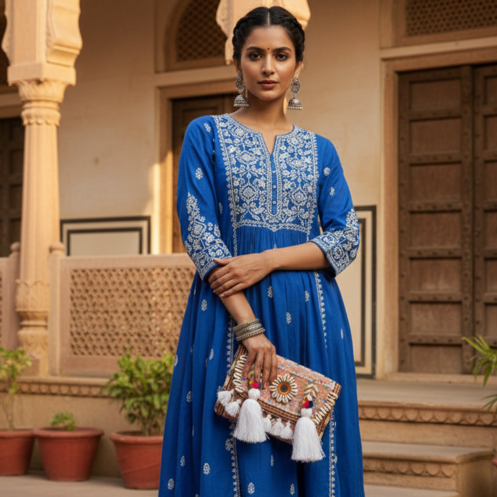 Woman in a blue embroidered dress holding a clutch with tassels in an outdoor setting.