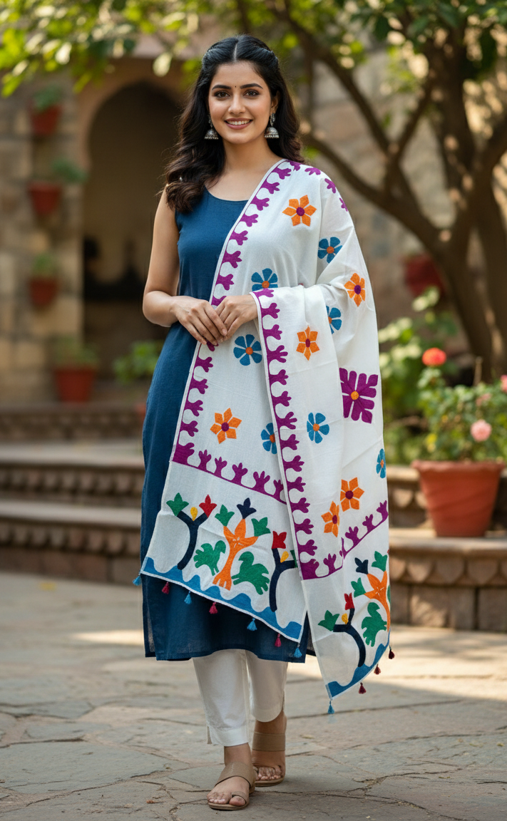 Woman wearing a white patterned dupatta outdoors