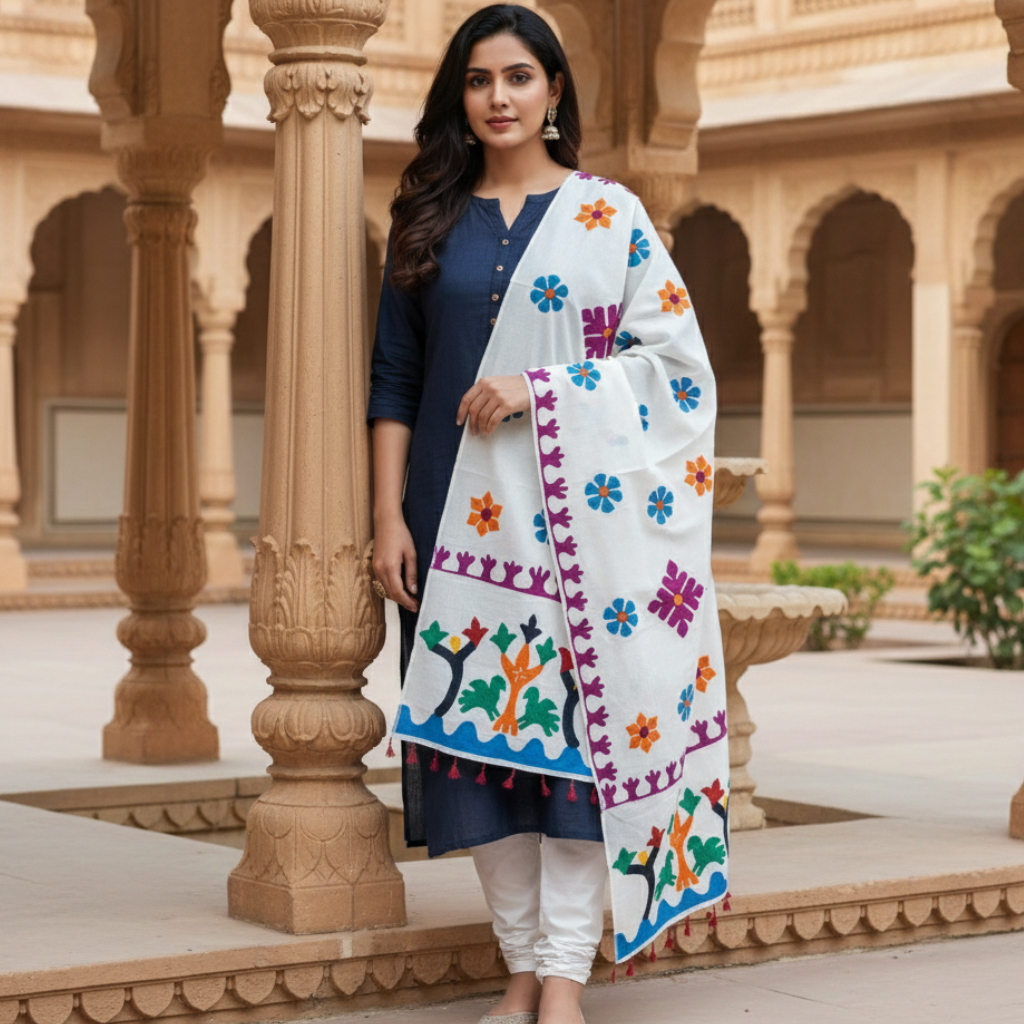 Woman holding a colorful embroidered applique dupatta in an architectural setting