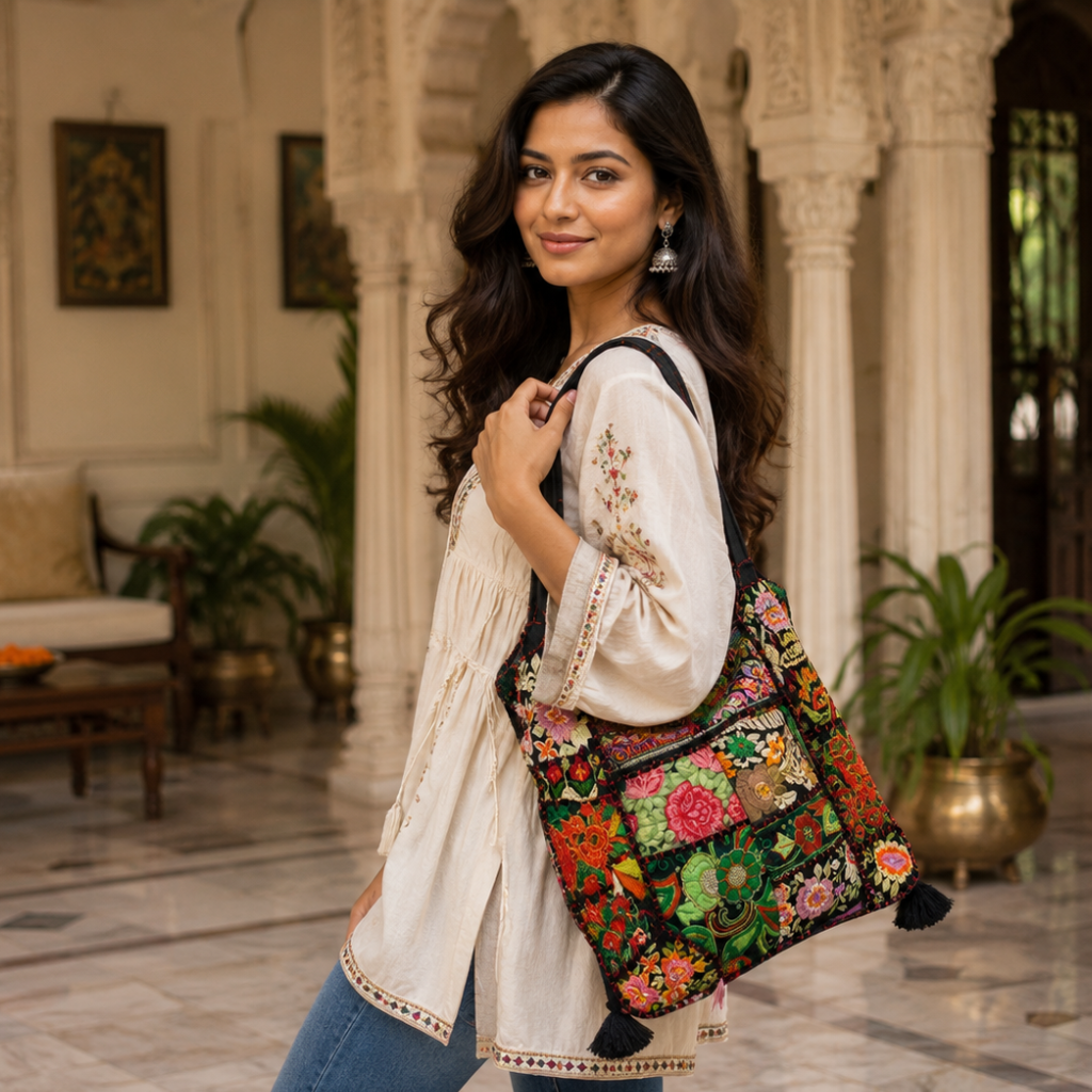 a girl in a kurti and jeans carrying a colorful embroidered bag