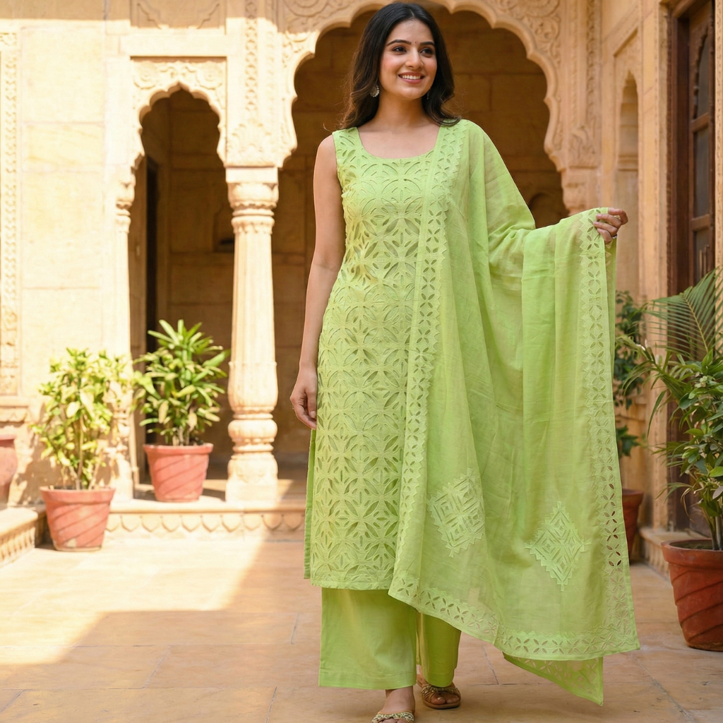 Woman in a light green cutwork traditional outfit standing in an architectural setting with plants.