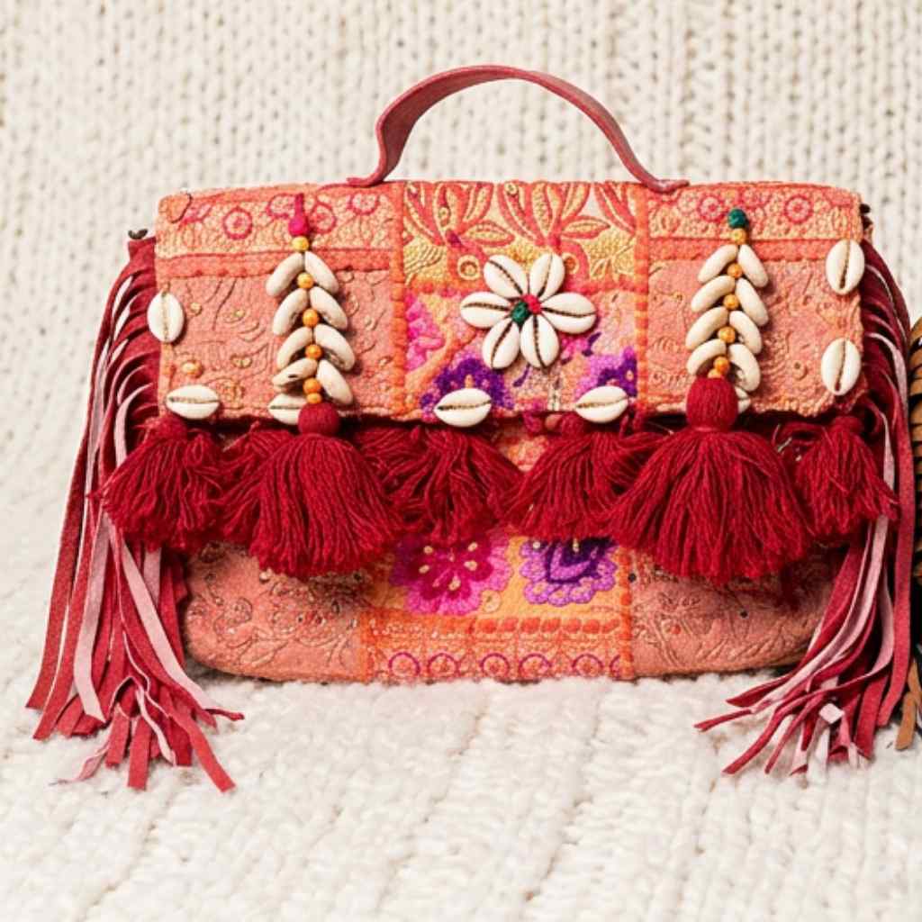 Colorful orange handbag with tassels and floral decorations on a textured surface