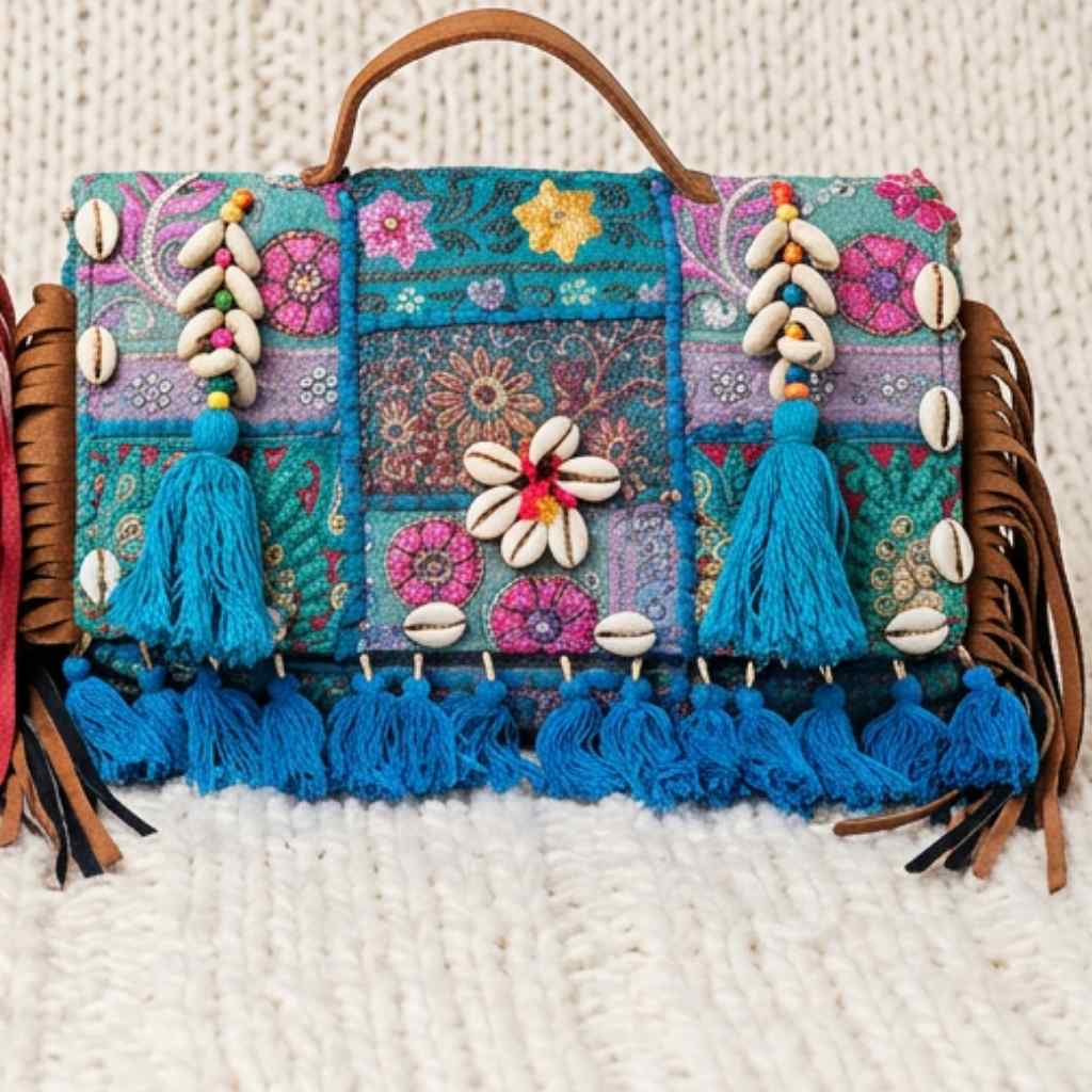 Colorful blue handbag with floral patterns, tassels, and shell decorations on a textured white background