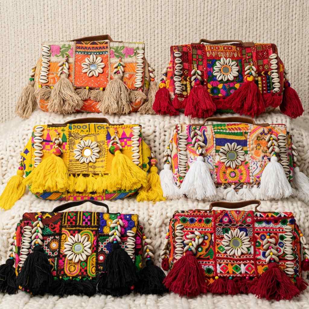 Colorful banjara handbags with floral patterns and tassels on a textured surface