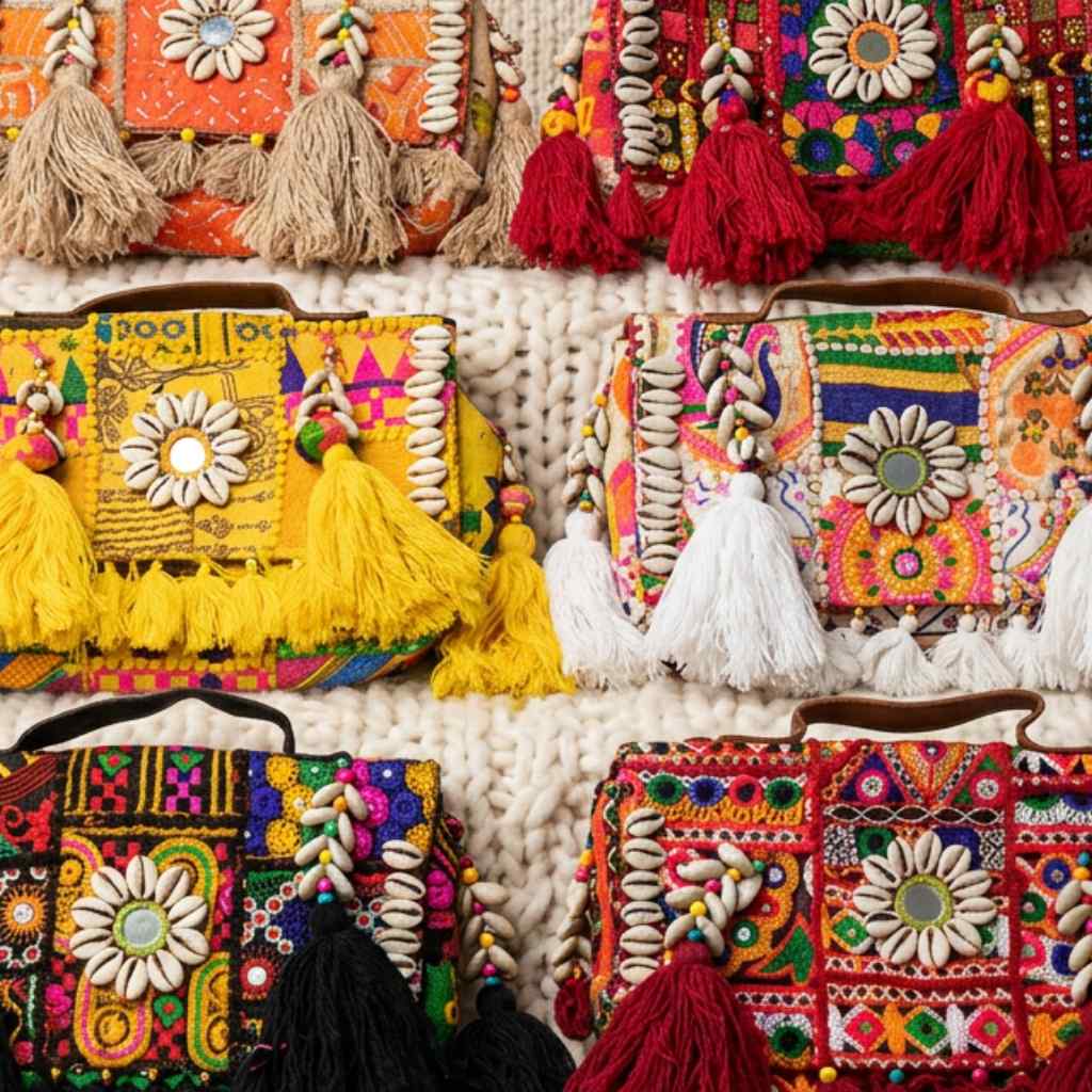 Colorful embroidered bags with tassels on a textured surface