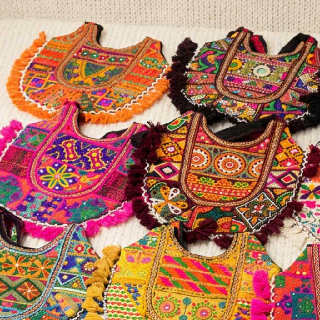 Colorful embroidered traditional clothing pbags on a textured surface