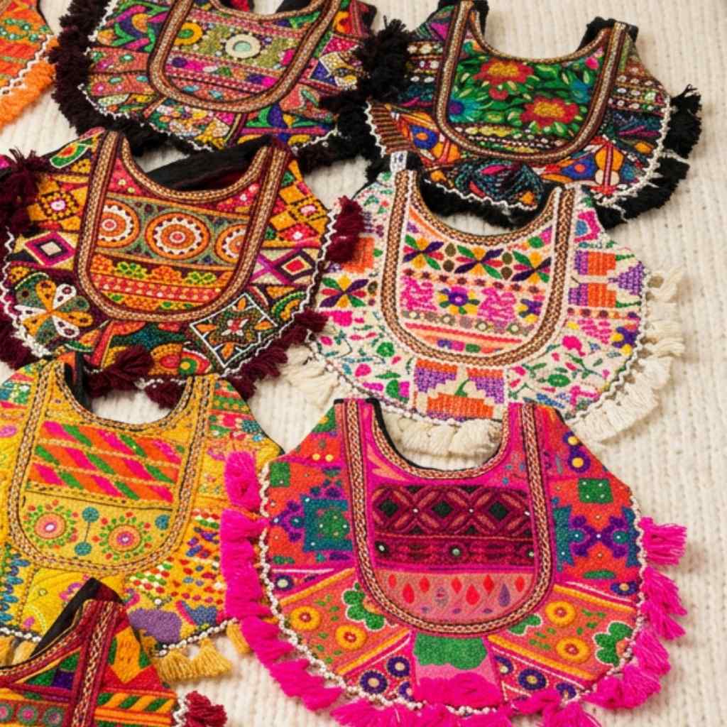 Colorful embroidered boho bags on a light background