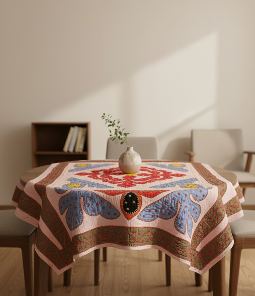 Folk Crest Applique Blush Pink Table Cover