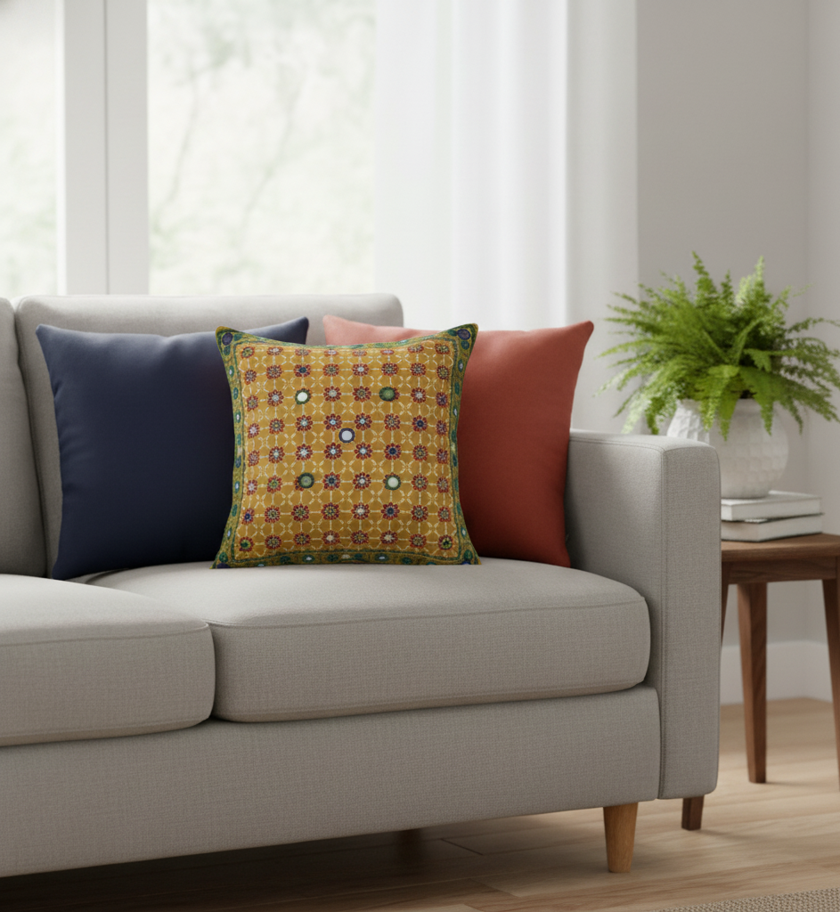 Mustard Yellow Hand Embroidered Floral Cushion Cover