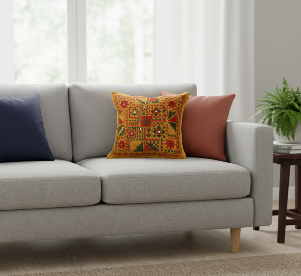Multicolour Hand Embroidered Cushion Cover for Home Décor
