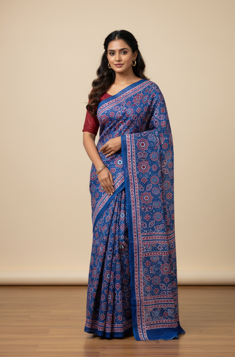 Geometric Mosaic Starburst Embroidered Blue Saree