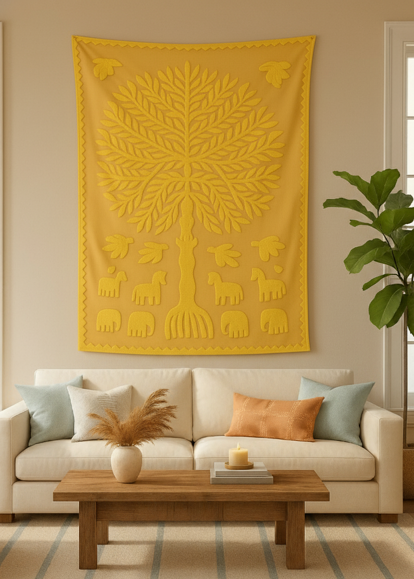 Tree of Unity Yellow Applique Embroidered Wall Hanging