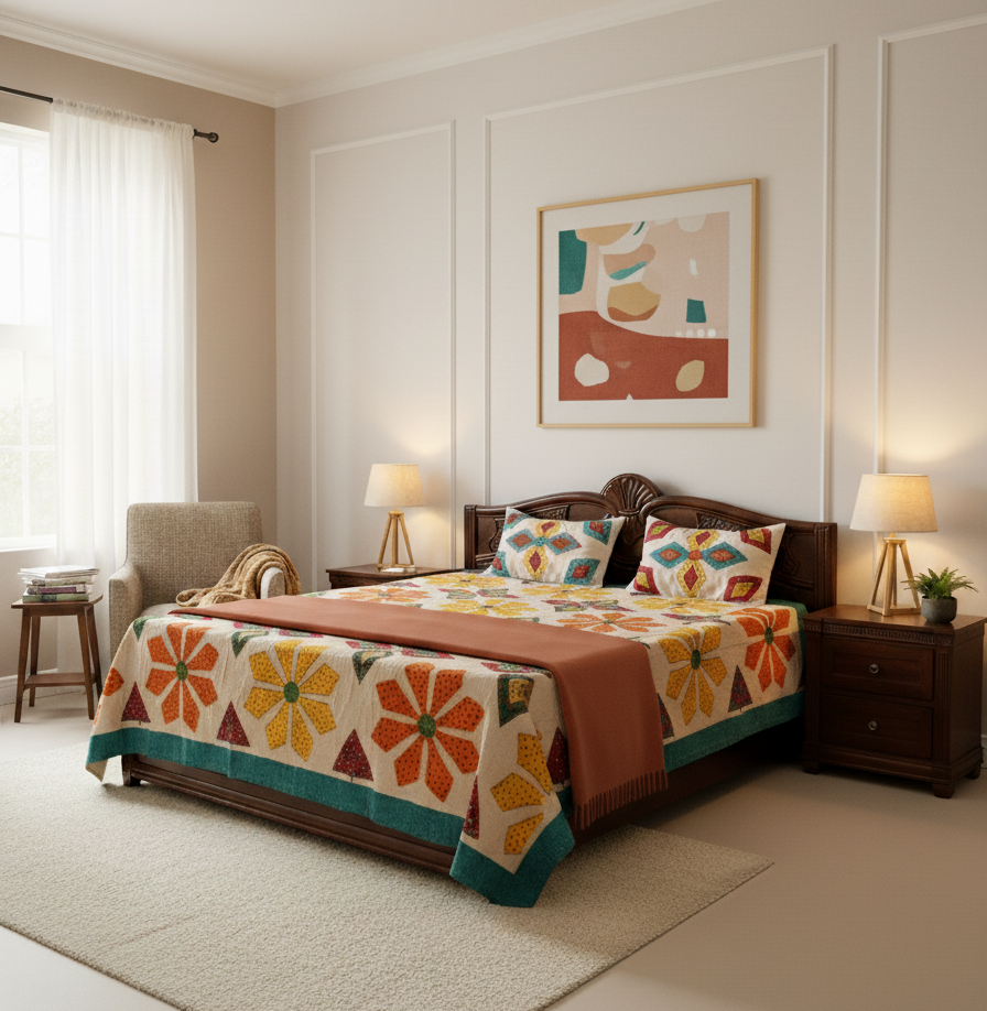 Sunburst Garden Floral Applique Bed Sheet Set