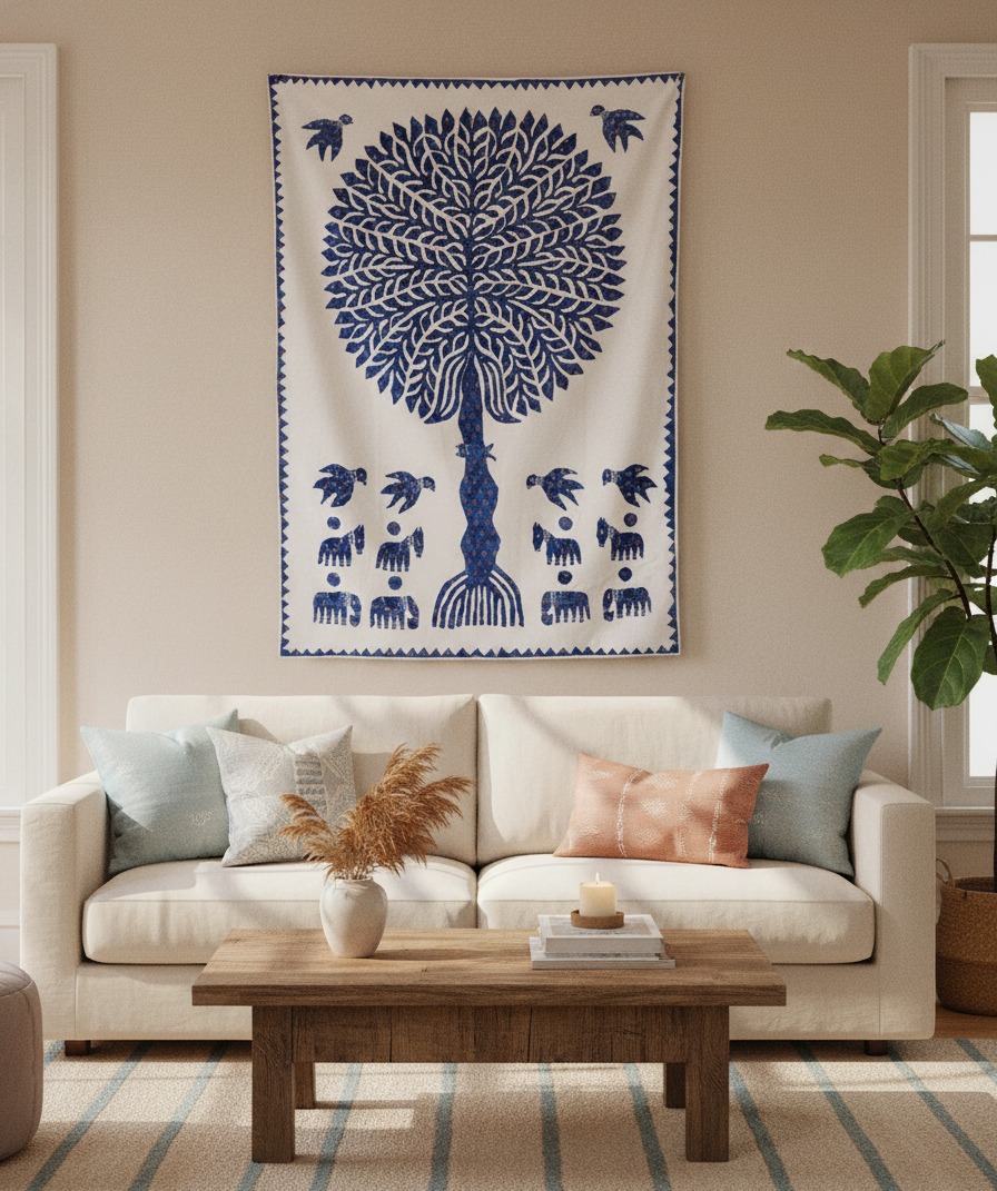 Indigo Tree of Wisdom Applique Wall Hanging