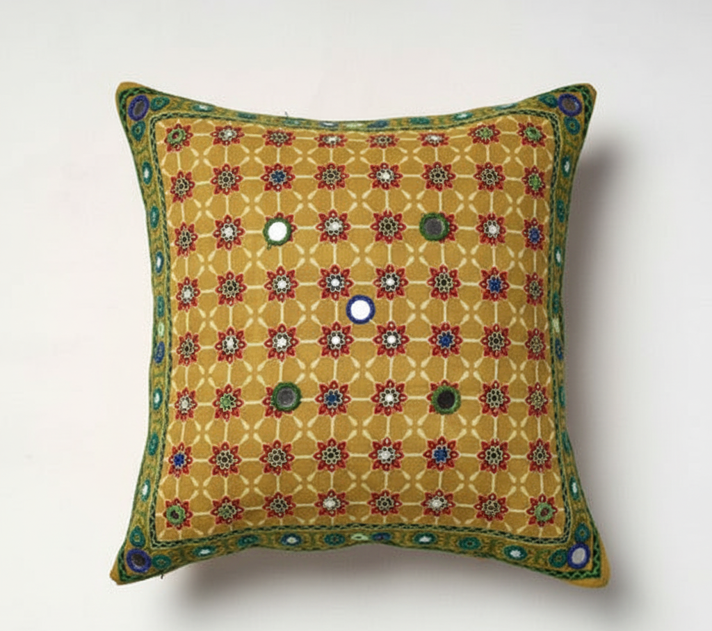 Mustard Yellow Hand Embroidered Floral Cushion Cover