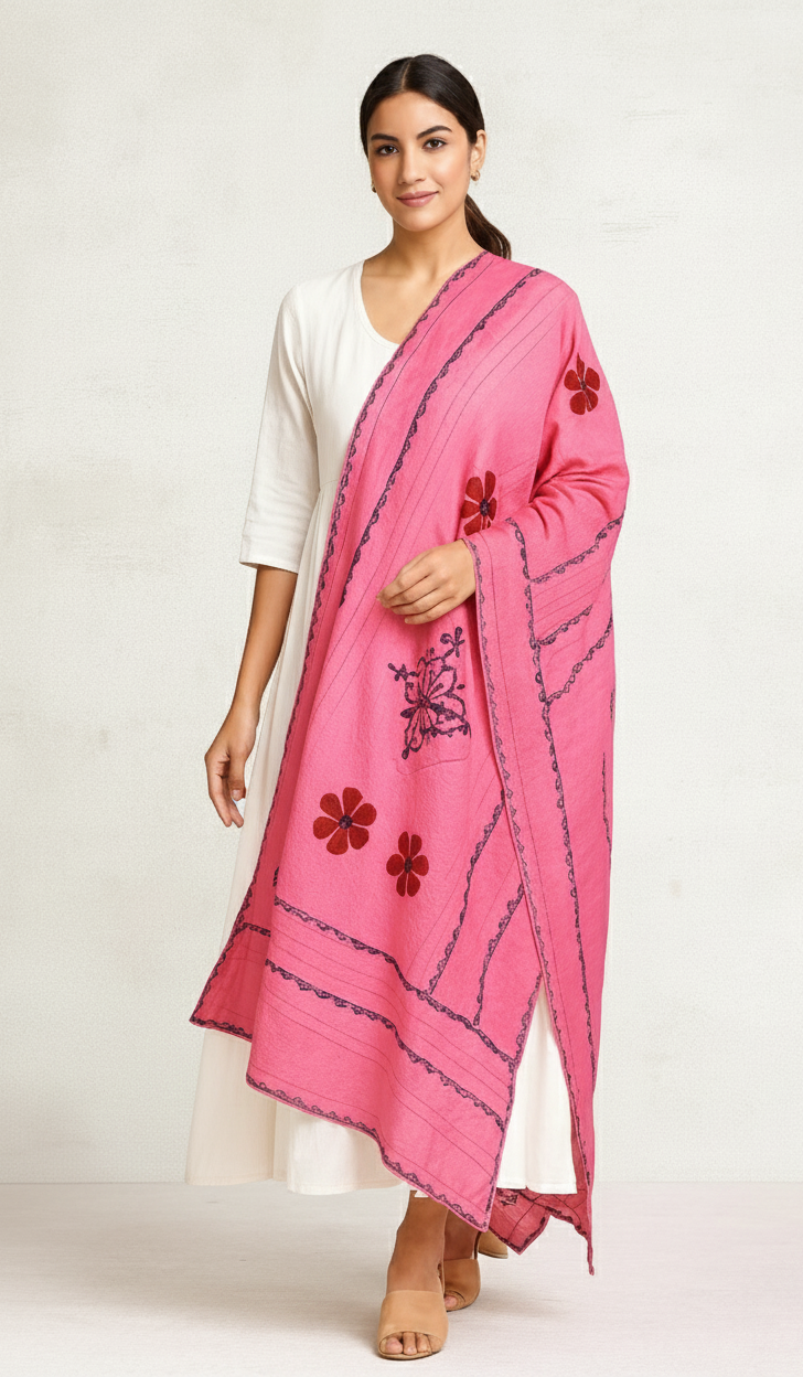 Pink Folk Art Motif Embroidered Dupatta
