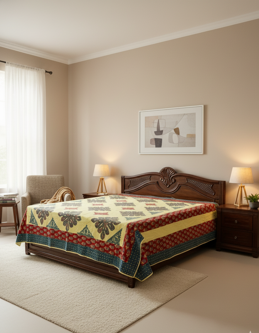 Royal Blossom Mosaic Applique Embroidered Bed Sheet