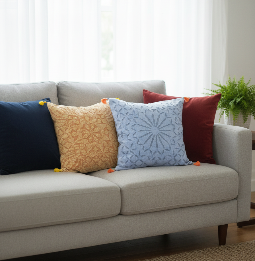 Starburst Tassel Yellow & Blue Embroidered Cushion Covers