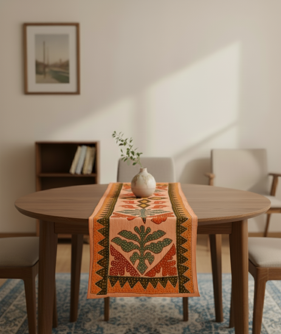 Vintage Folk Orange Embroidered Table Runner