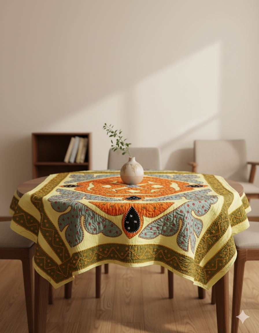 Vintage Folk Applique Yellow Table Cover