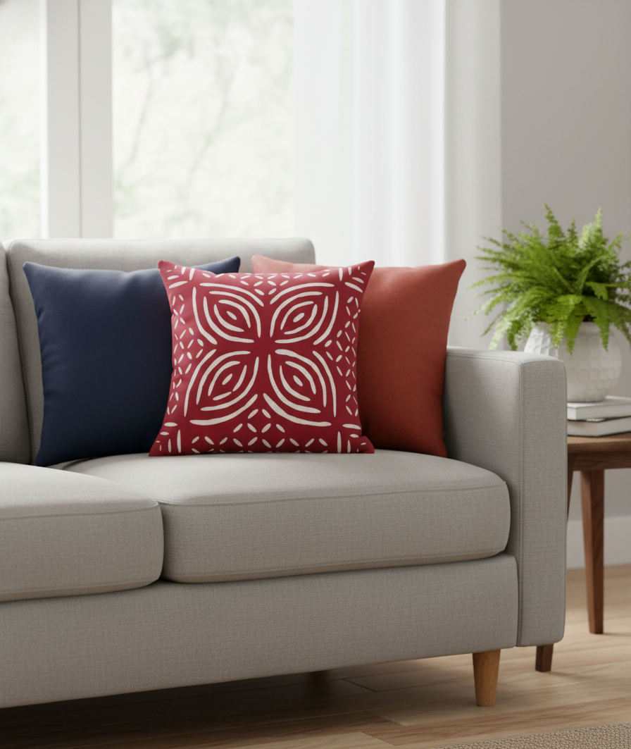 Red Petal Embroidery Cushion Cover