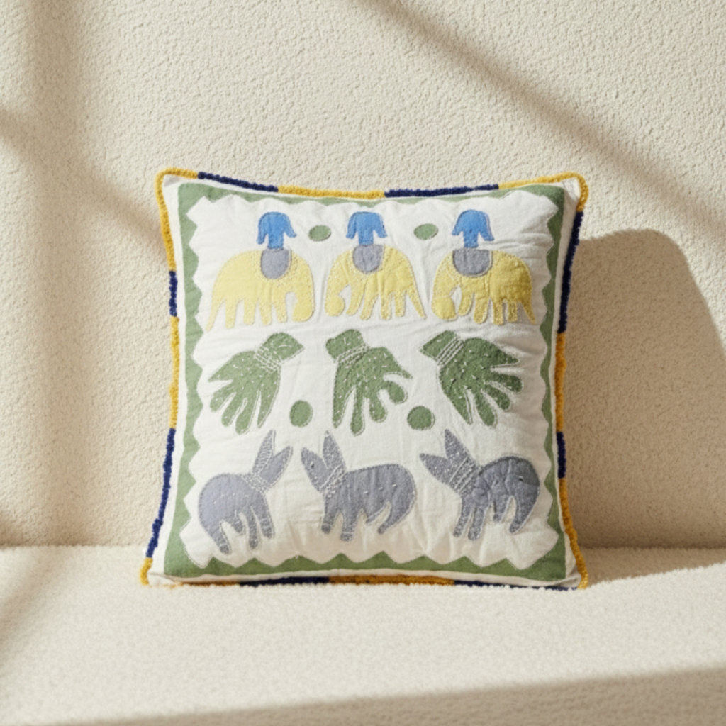 Decorative pillow with embroidered animals on a beige background