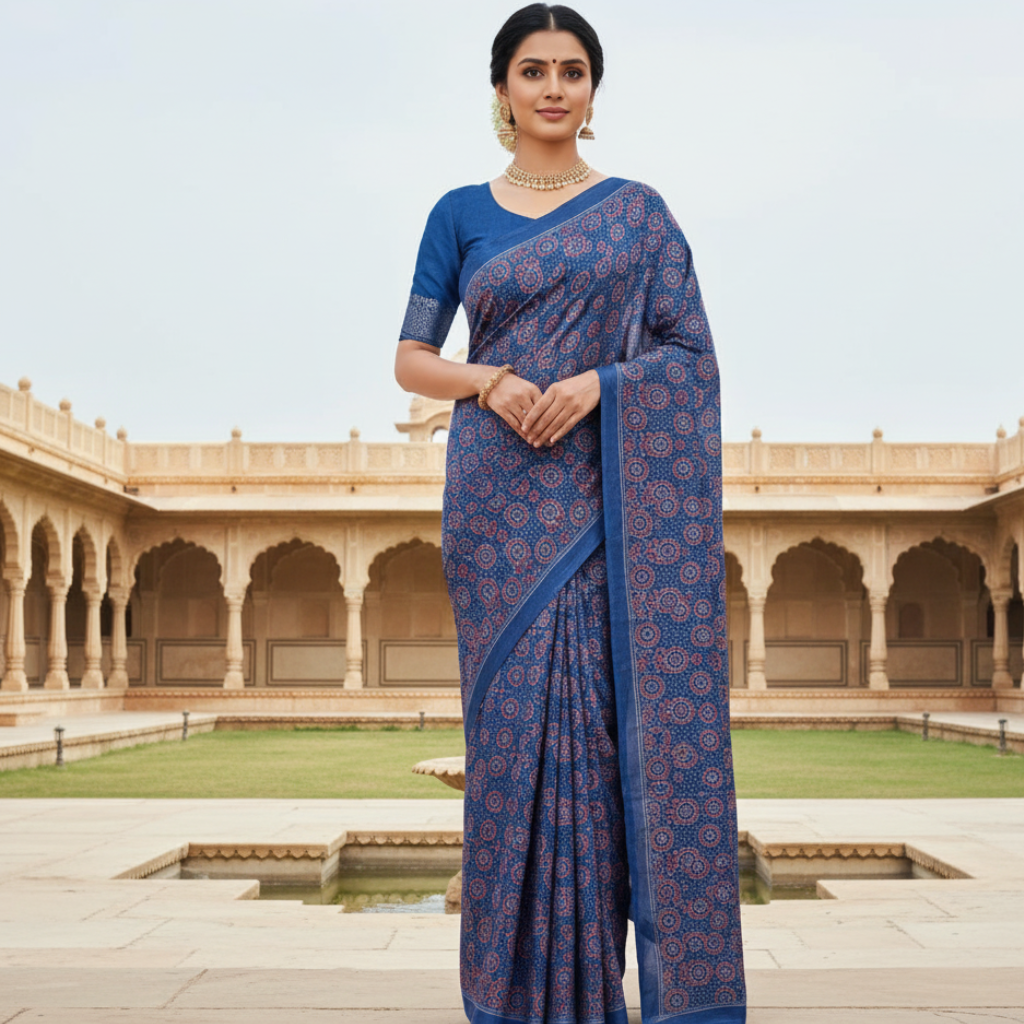 Woman wearing a blue saree with a pattern in an architectural setting