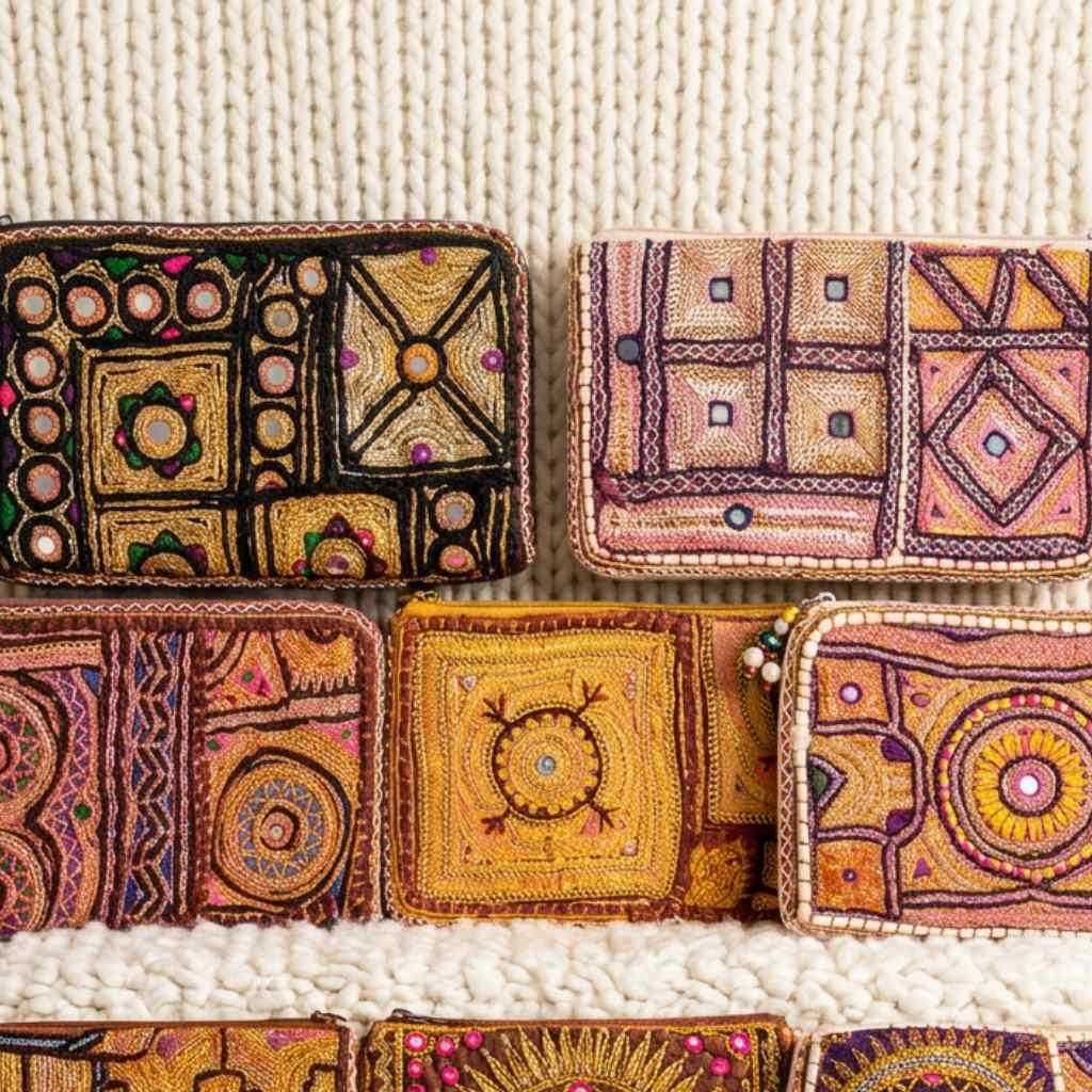 Collection of embroidered wallets with geometric patterns on a textured surface