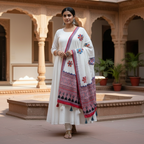 Woman in a traditional outfit with floral patterns on dupatta standing in an architectural setting.