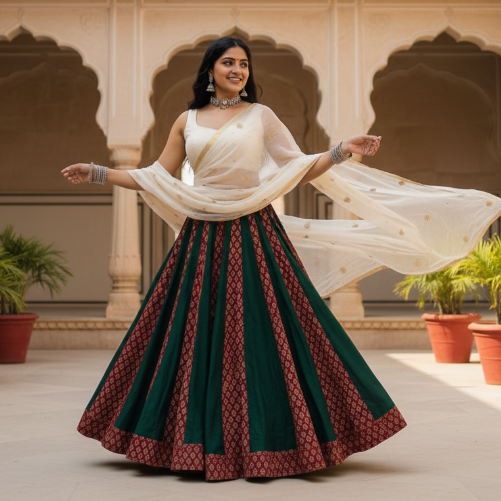 Woman in a traditional outfit with a white top and green skirt, standing in an outdoor setting with plants and arches.