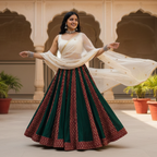 Woman in a traditional outfit with a white top and green skirt, standing in an outdoor setting with plants and arches.
