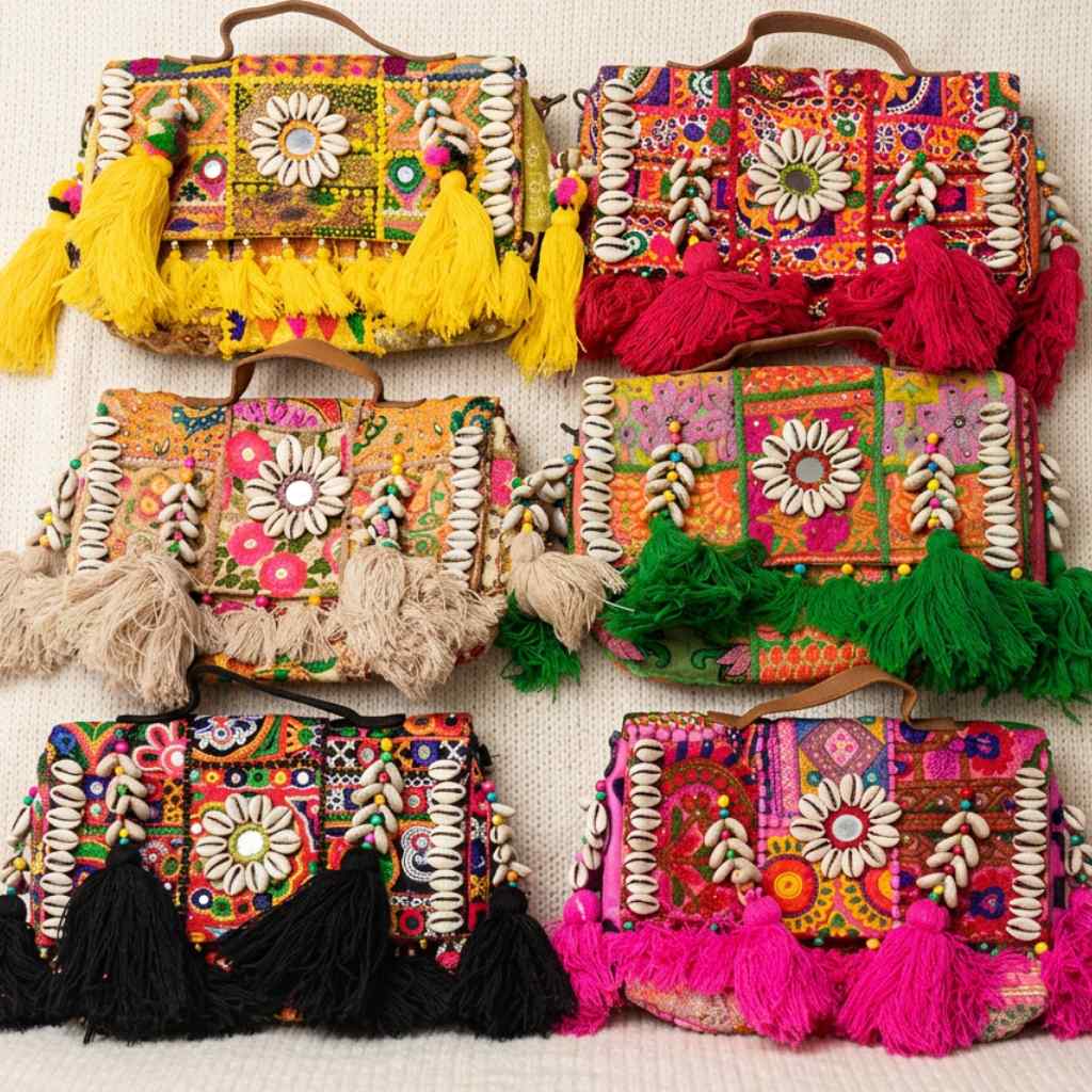 Colorful banjara bags with floral patterns and tassels on a white background