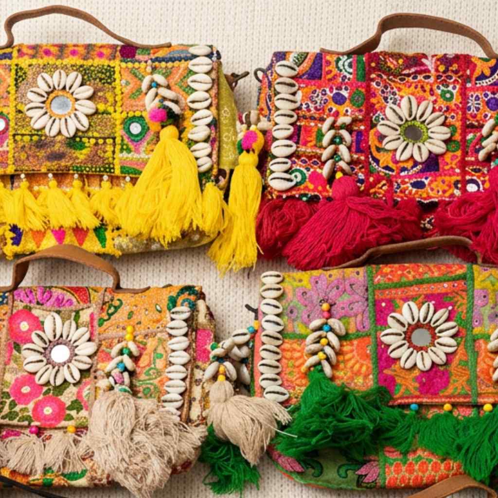 Colorful banjara bags with floral patterns and tassels on a textured surface