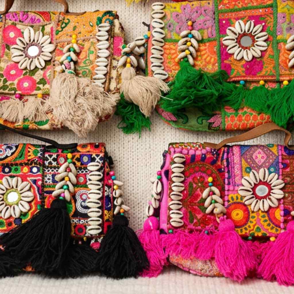 Colorful handbags with floral patterns and tassels on a textured surface