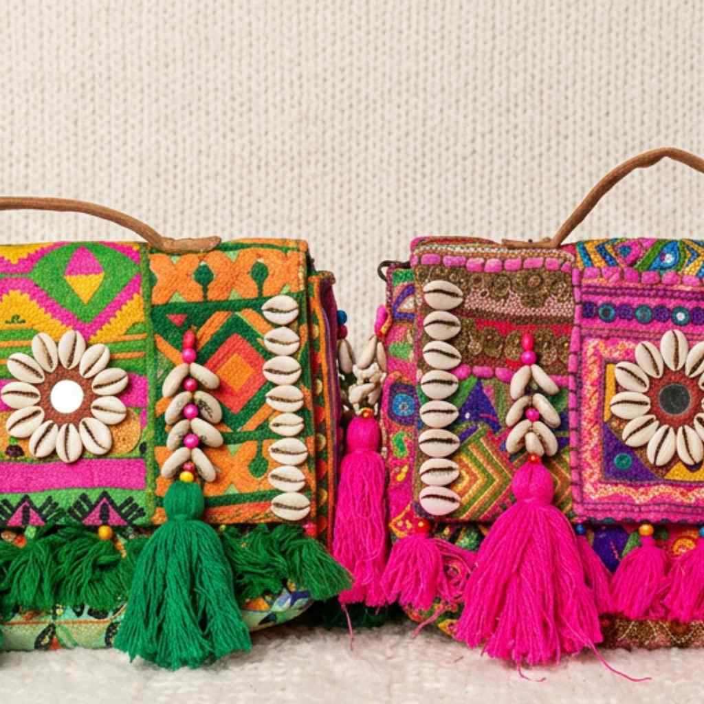 Two colorful bags in pink and green color with floral patterns, tassels, and shell decorations on a textured beige background.