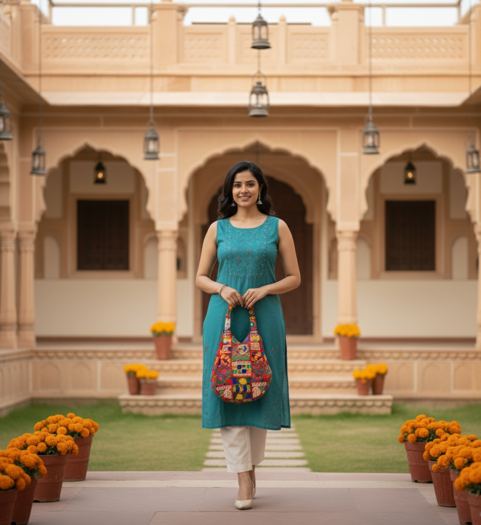 Woman in a teal dress holding a colorful bag
