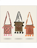 Three decorative handbags with intricate patterns and tassels on a light beige background