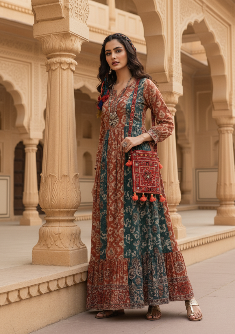 Woman in a traditional outfit with an embroidered sling bag
