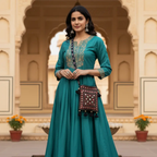 Woman in a teal traditional outfit with a black embroidered decorative bag