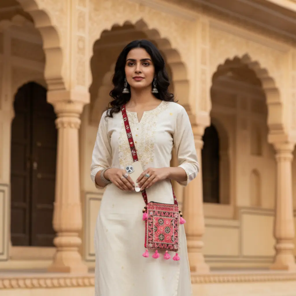 Woman in a white traditional outfit holding a pink bag with decorative elements i