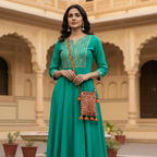 Woman in a teal dress with an orange embroidered bag