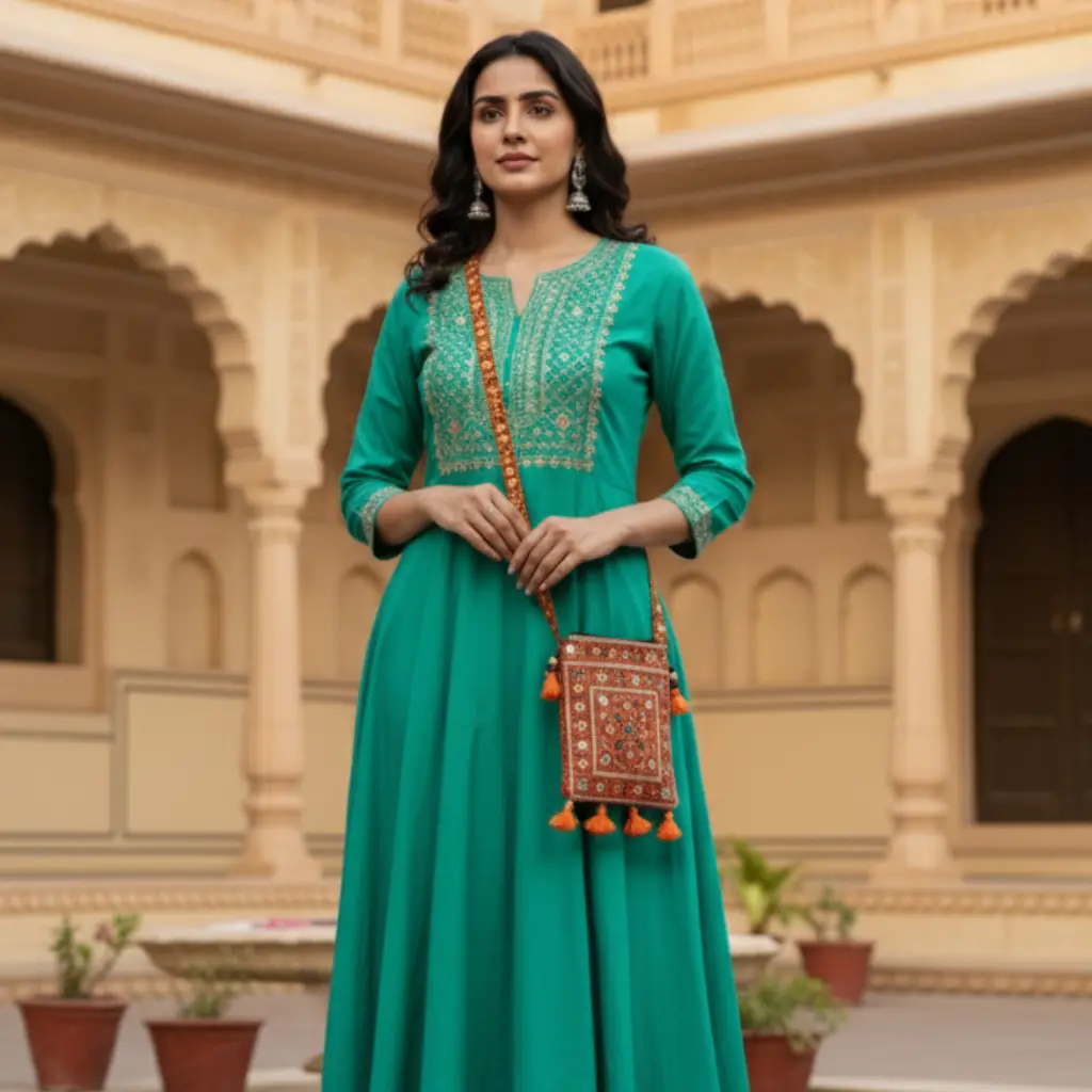 Woman in a teal dress with an orange embroidered bag