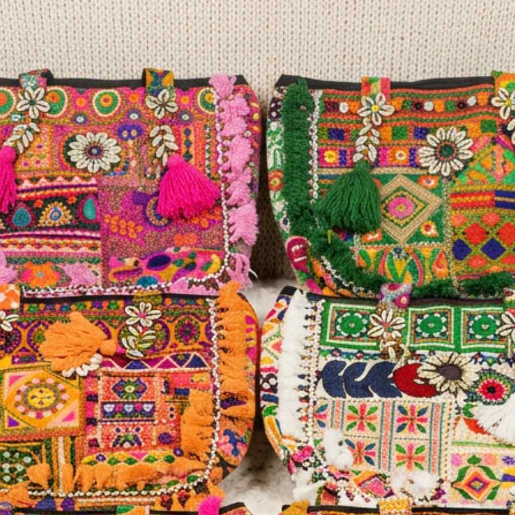 Colorful embroidered bags with intricate patterns and tassels on a textured background