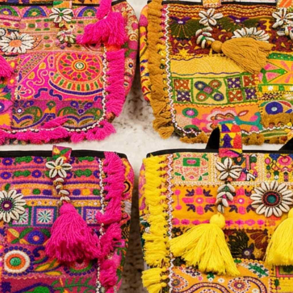 Colorful embroidered banjara bags with tassels on a white background