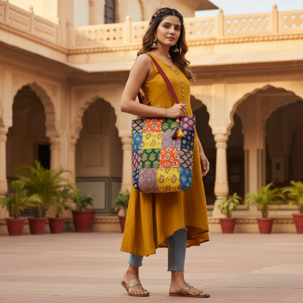 Woman holding a colorful bag in front of an architectural building