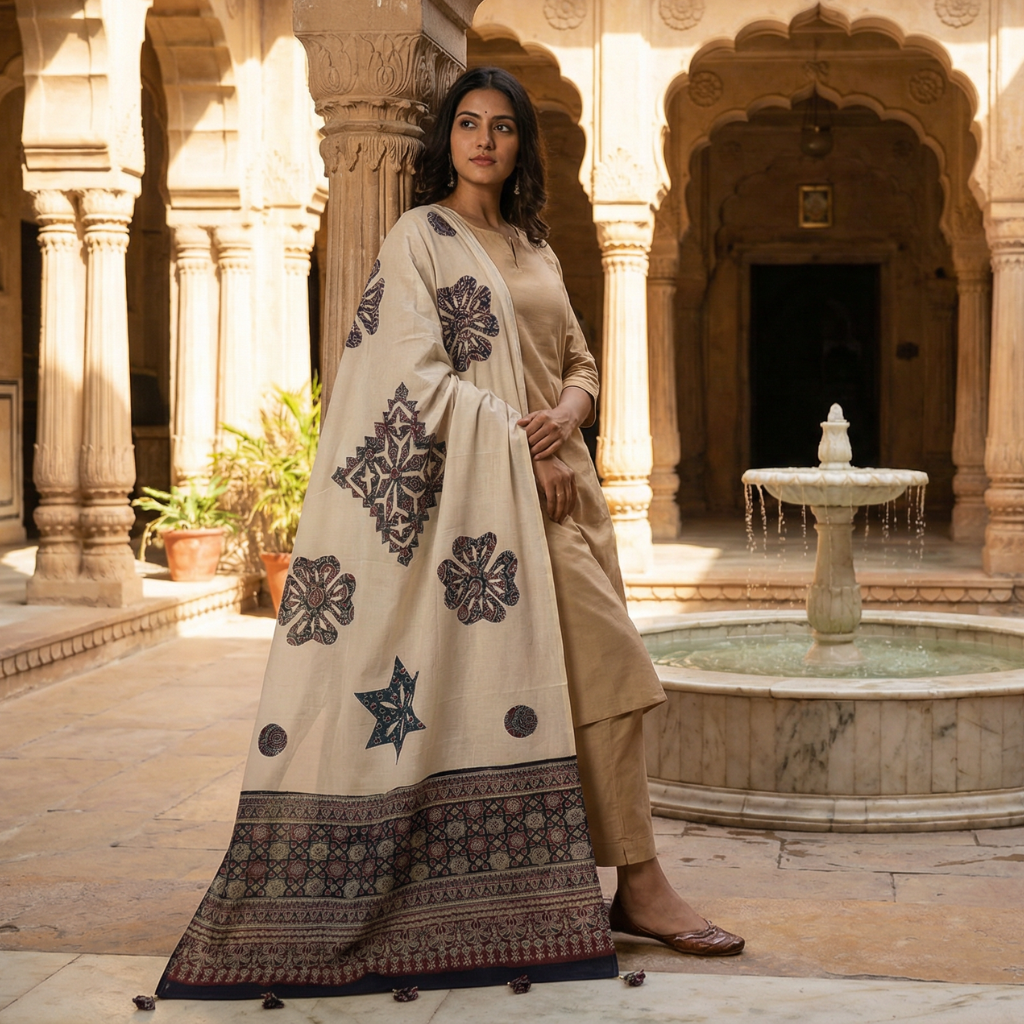 Woman in a white traditional outfit with an applique patchwork dupatta standing in front of a marble fountain.