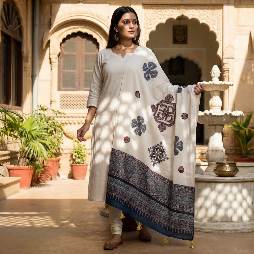 Woman in a white traditional outfit with an applique patchwork dupatta standing in front of a marble fountain.